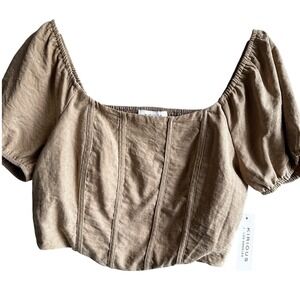 Kirious‎ LA Cropped Top Smocked Tan Puff Sleeve Corset Style Large NWT Coquette